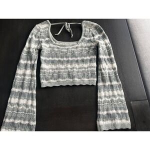 Abercrombie & Fitch Sage Green Striped Crochet Knit Flare Sleeve Tie Back Top M